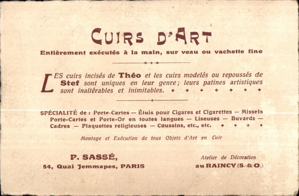 Kunstleder — P. Sassé, Dekorationswerkstatt in Raincy (S.&O.) - Vorderseite