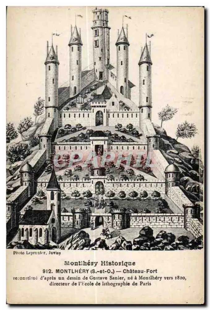 Montlhéry (S.-et-O.) — Castelo-fortaleza — reconstituído com base em um desenho de Gustave Sanier, nascido em Montlhéry por volta de 1820 - Frente
