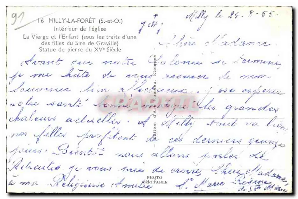 Milly-la-Forêt — Innenansicht der Kirche — Steinstatue des 15. Jahrhunderts — Edition von Alain Lameau - Rückseite