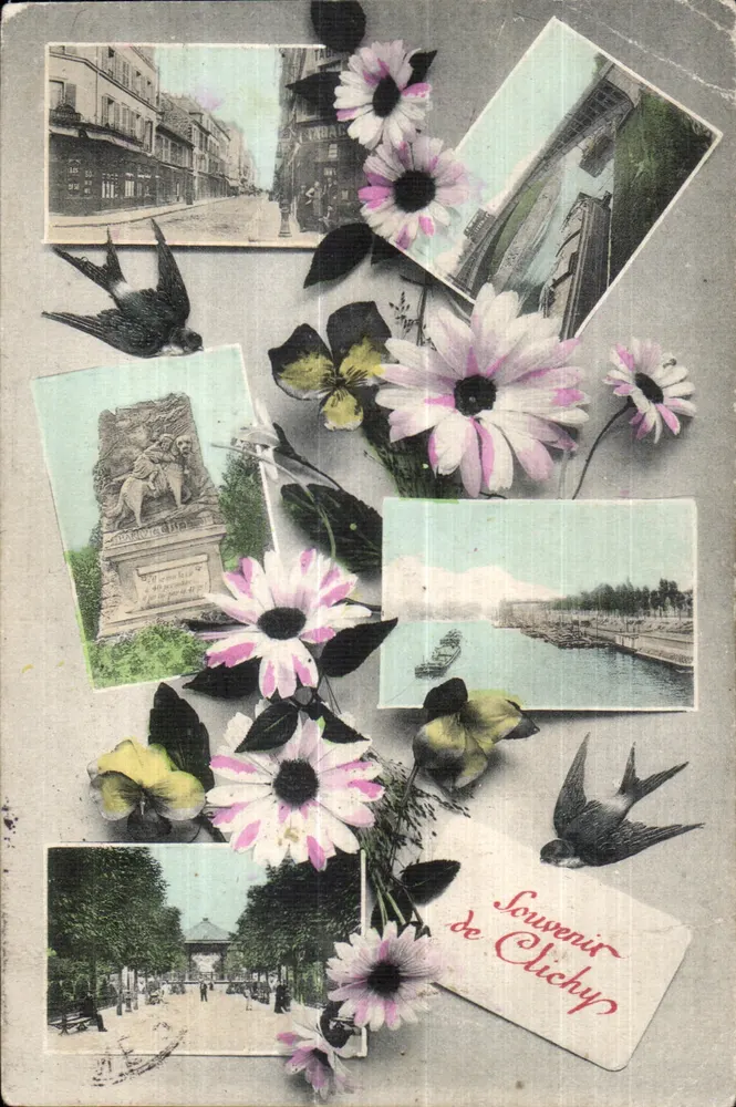 Souvenir de Clichy — collage de scènes locales et fleurs, éditeur non visible - Frente