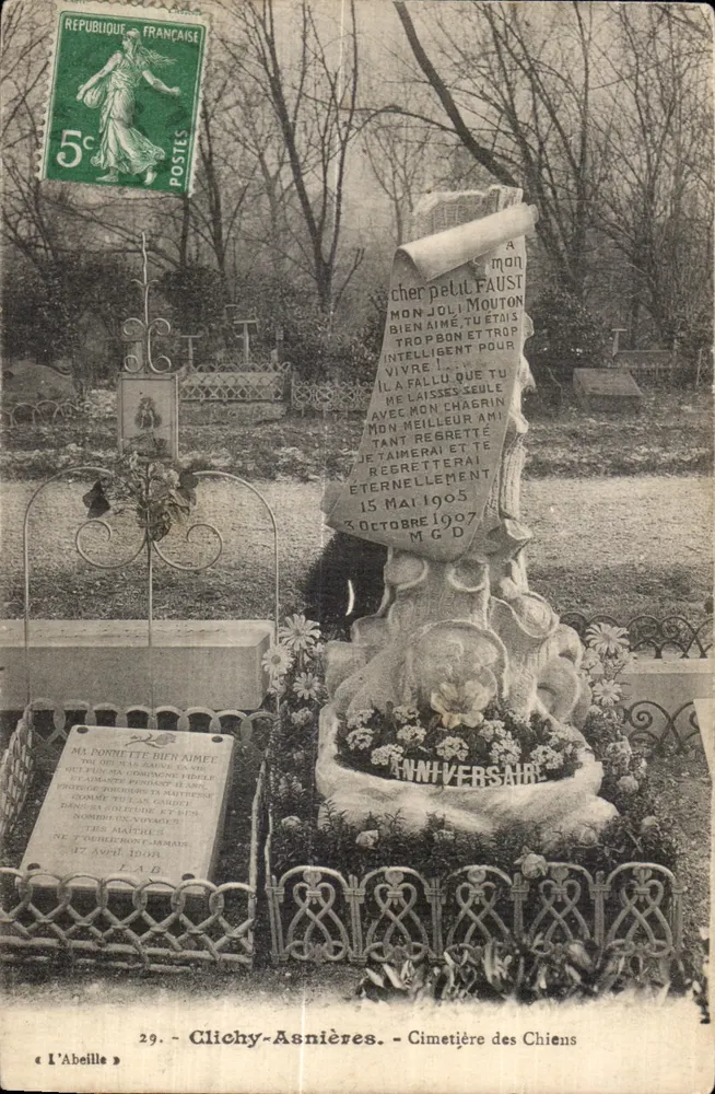 Friedhof der Hunde in Clichy-Asnières — Gedenkstein für ein Kind — Verlag L'Abeille, n°29 - Vorderseite