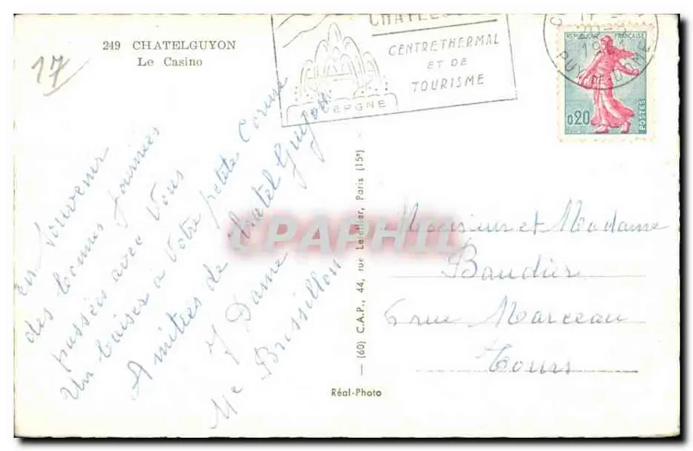 O Casino de Châtelguyon — vista do parque com kiosque de piano — editor C.A.P. - Verso