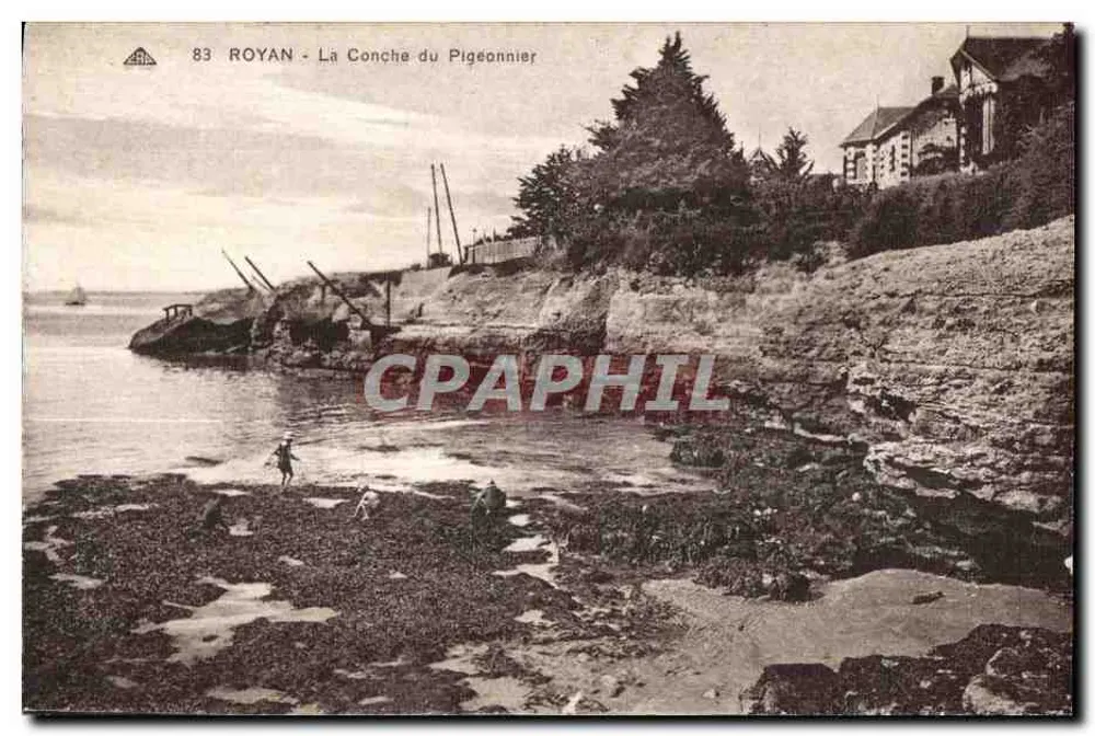 Royan - A Concha do Pombal — vista da baía com pessoas nas rochas — edição das Nouvelles Galeries, Royan - Frente