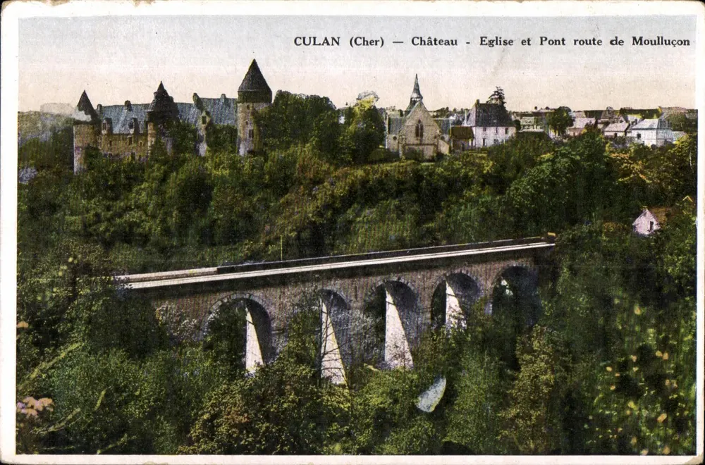 CULAN (Cher) — Schloss - Kirche und Brücke auf dem Weg nach Moulluçon — französischer Hersteller Coublier, Chalan (Cher) - Vorderseite