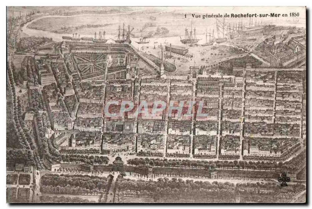 Vista geral de Rochefort-sur-Mer em 1850 — gravura histórica — sem editor ou número de série visíveis - Frente
