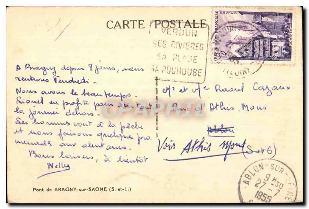 Ponte de Bragny-sur-Saône — vista do ponte sobre a Saône — editor: Carte Postale Verdun - Verso