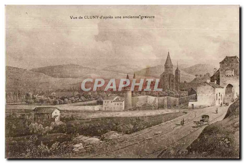 Ansicht von Cluny — nach einer alten Holzschnitte — BOUNGEOIS FRÈRES, Lyon - Vorderseite