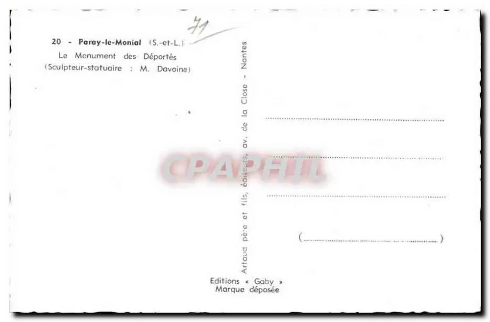 Paray-le-Monial — Denkmal der Vertriebenen — Bildhauer: M. Davoine — Editions Gaby - Rückseite