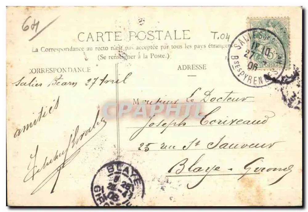 Salies-de-Béarn — Wasserfall von Saleys — Lib. F. Clédés, Verlag Salies - Rückseite