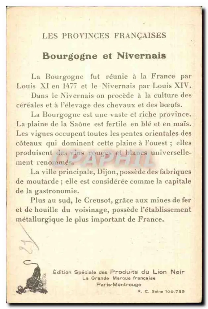 Bourgogne-Nivernais — As Províncias Francesas — Edição Especial dos Produtos do Leão Negro - Verso