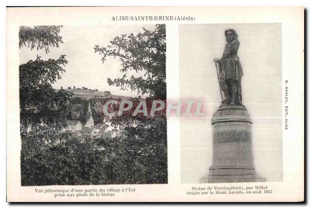 Alise-Sainte-Reine (Alésia) — Pittoreske Ansicht des Dorfes im Osten und Statue von Vercingétorix — M. Marlet, Édit. Alise - Vorderseite