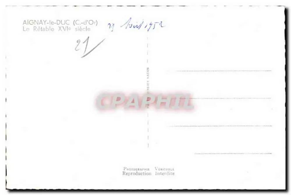 Aignay-le-Duc (C.-d'Or) — O Rétablo do Século XVII — Fotógrafo BACON - Verso