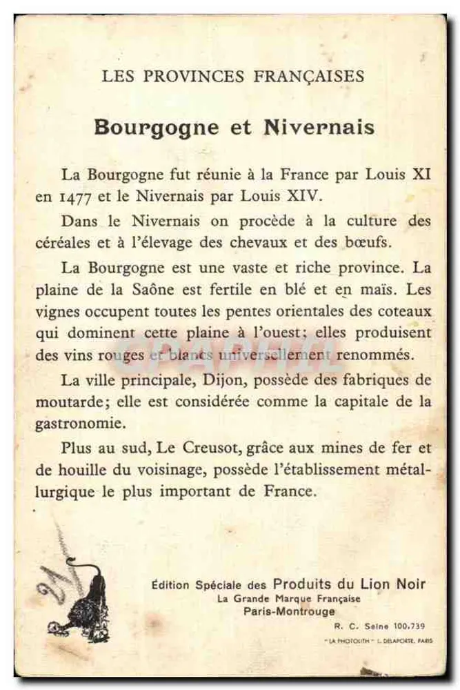 Bourgogne-Nivernais — Le Provincie Francesi — Edizione Speciale dei Prodotti del Leone Nero - Verso
