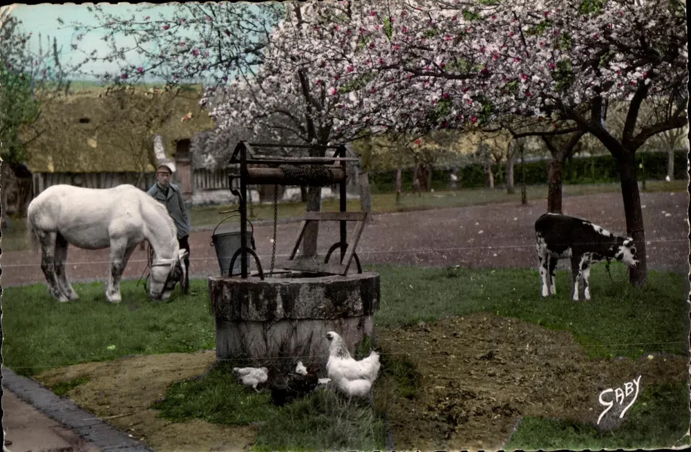 Le Vieux Puits — scène de ferme avec puits, cheval, vache et poules — éditeur GABY - Vorderseite