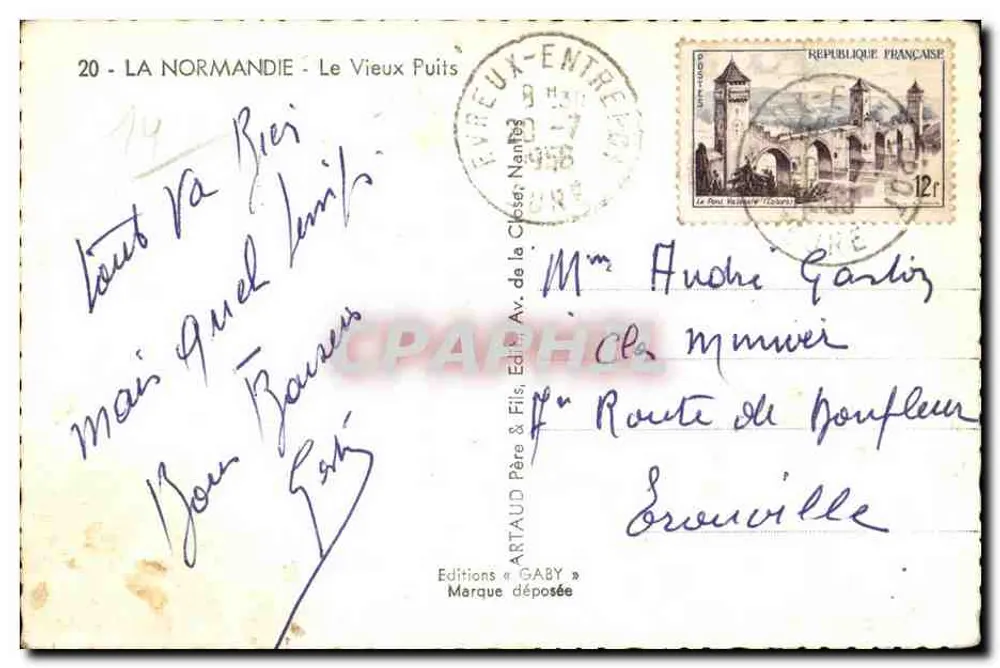 Le Vieux Puits — scène de ferme avec puits, cheval, vache et poules — éditeur GABY - Rückseite