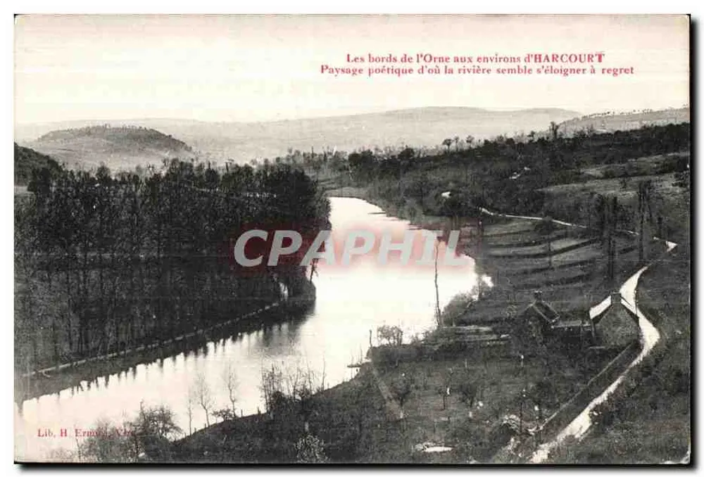 As margens do Orne nas proximidades de HARCOURT — Paisagem poética da qual o rio parece se afastar com relutância — Lib. H. Ermona, Cerc - Frente
