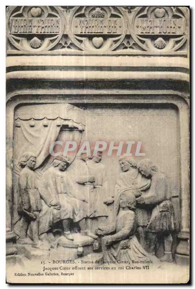 Bourges - Statue von Jacques Coeur, Relief - Jacques Coeur bietet seine Dienste dem König Charles VII an - Vorderseite
