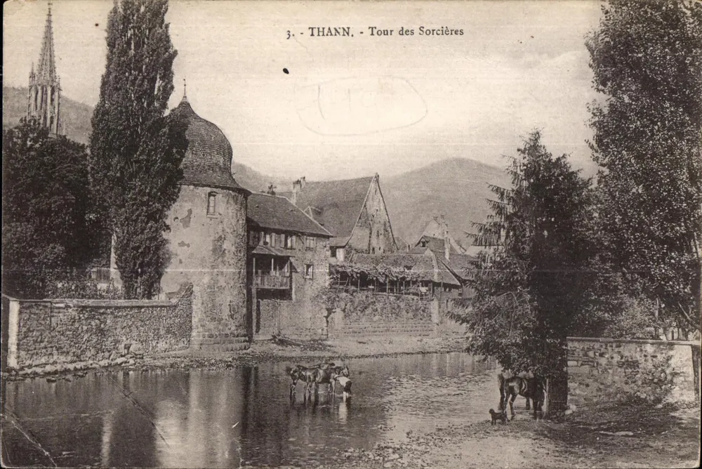 Thann - Turm der Hexen — Ansicht des Dorfes mit Teich und Tieren — unbekannter Verlag, Nr. 3 - Vorderseite