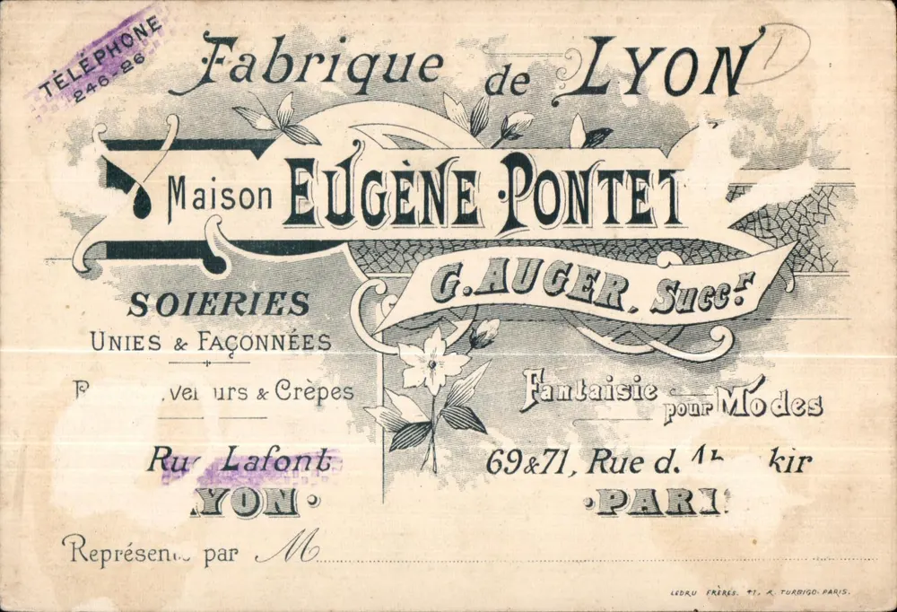 Maison Eugène Pontet — Einheits- und gefertigte Seidenwaren — Verlag LEDRU FRÈRES, 71, A. TURBIGO, PARIS - Vorderseite