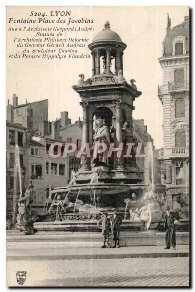 Lyon — Fontaine Place des Jacobins — Architektur von Gaspard André, Statuen von Philibert Delorme, Gravur von Gérard Audran, Malerei von Hippolyte Flandrin - Vorderseite