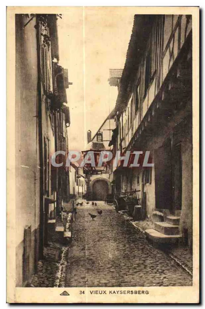 Vieux Kaysersberg — rue pavée entre maisons à colombages — éditeur VIEUX KAYSERSBERG, n° 34 - Recto