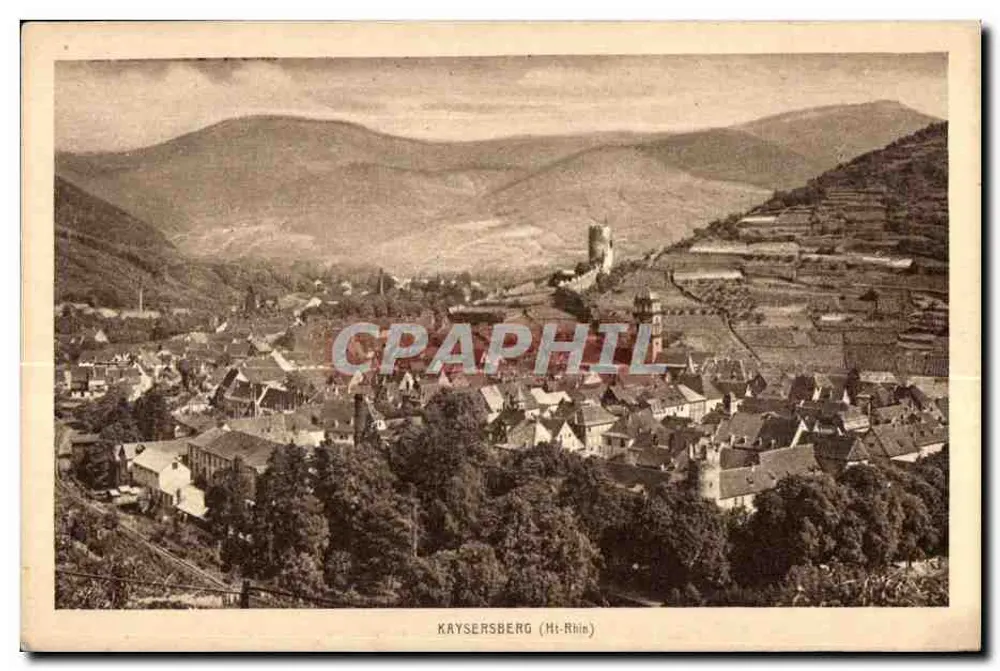 Kaysersberg (Ht-Rhin) — vista panorâmica com castelo e vinhedos — editor não identificado - Frente