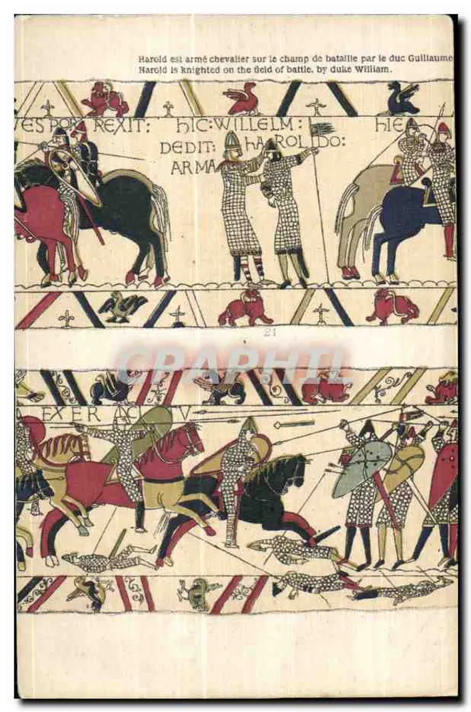 Harold armado cavaleiro no campo de batalha pelo duque Guillaume — ilustração histórica — editor e número de série ilegíveis - Frente