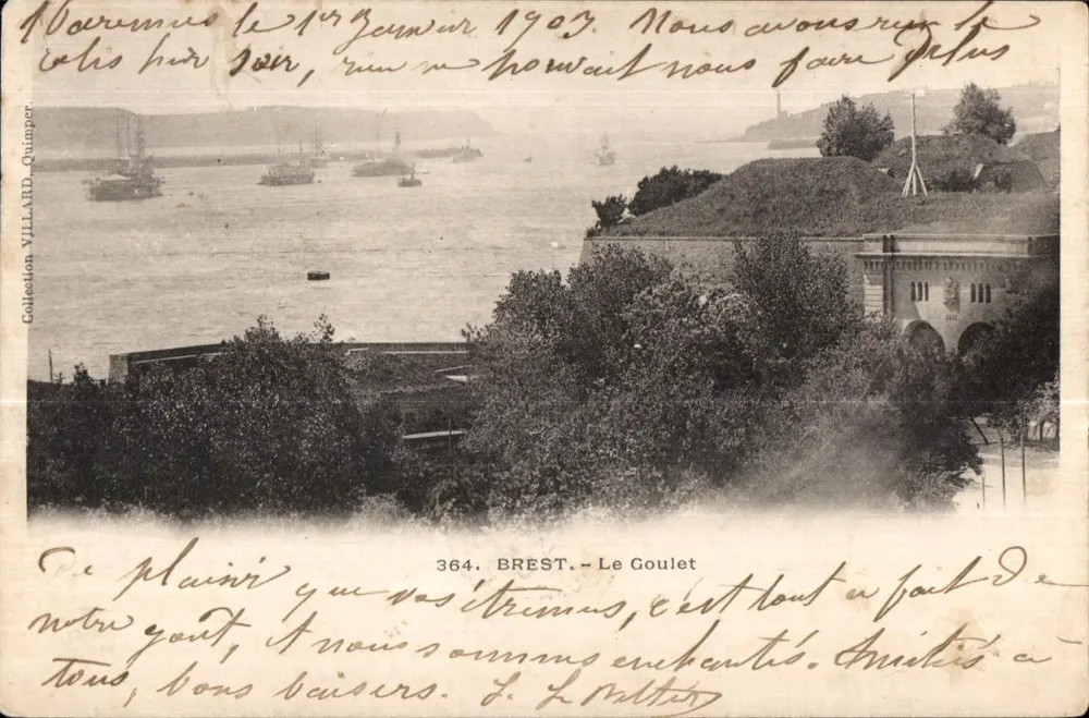 BREST - O Goulet — vista do porto com fortificações — editor Villard, n° 364 - Frente