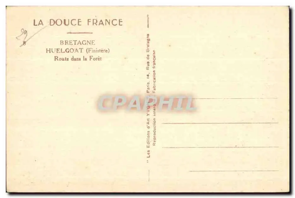 Estrada na Floresta — Bretanha (Finistère) — Edições de Arte Yvon, n°99 - Verso