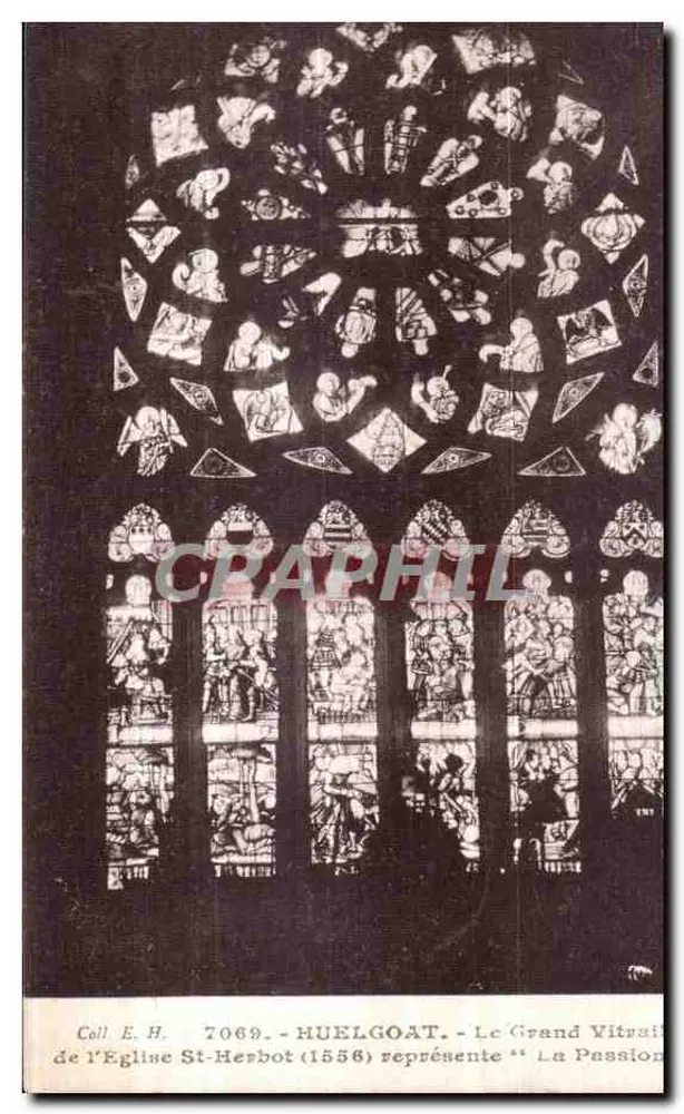 Huelgoat - Das große Glasfenster der Kirche St-Herbot (1556) zeigt "Die Leidensgeschichte" - Vorderseite
