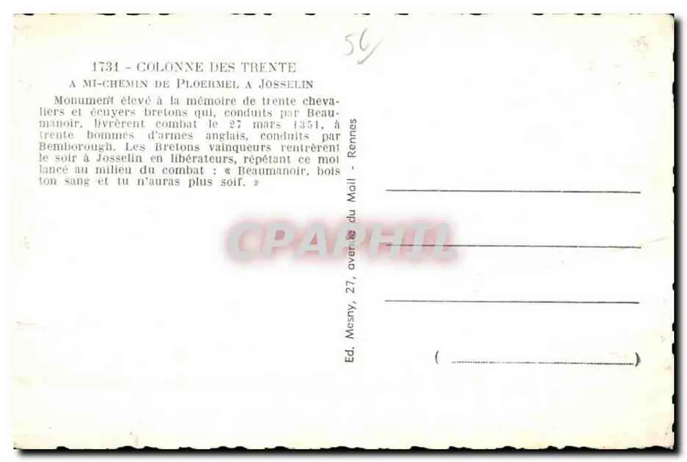 Säule der Dreißig — Ploërmel nach Josselin — Éd. Mesny, 27, Avenue du Mail, Rennes - Rückseite