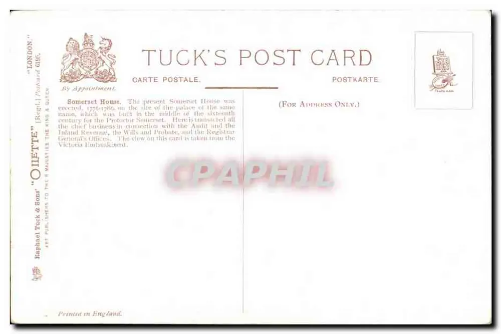 London, Somerset House — Thames Embankment — Tuck & Sons - Rückseite