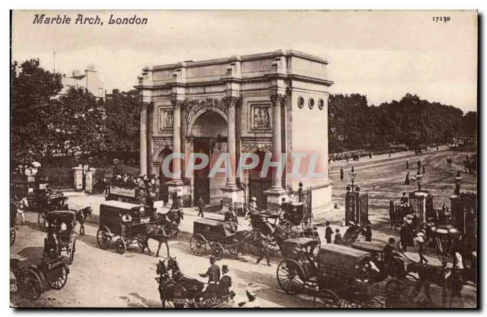 Arco de Mármore, Londres — vista do arco com carruagens a cavalo — série 17130, Valentine's - Frente