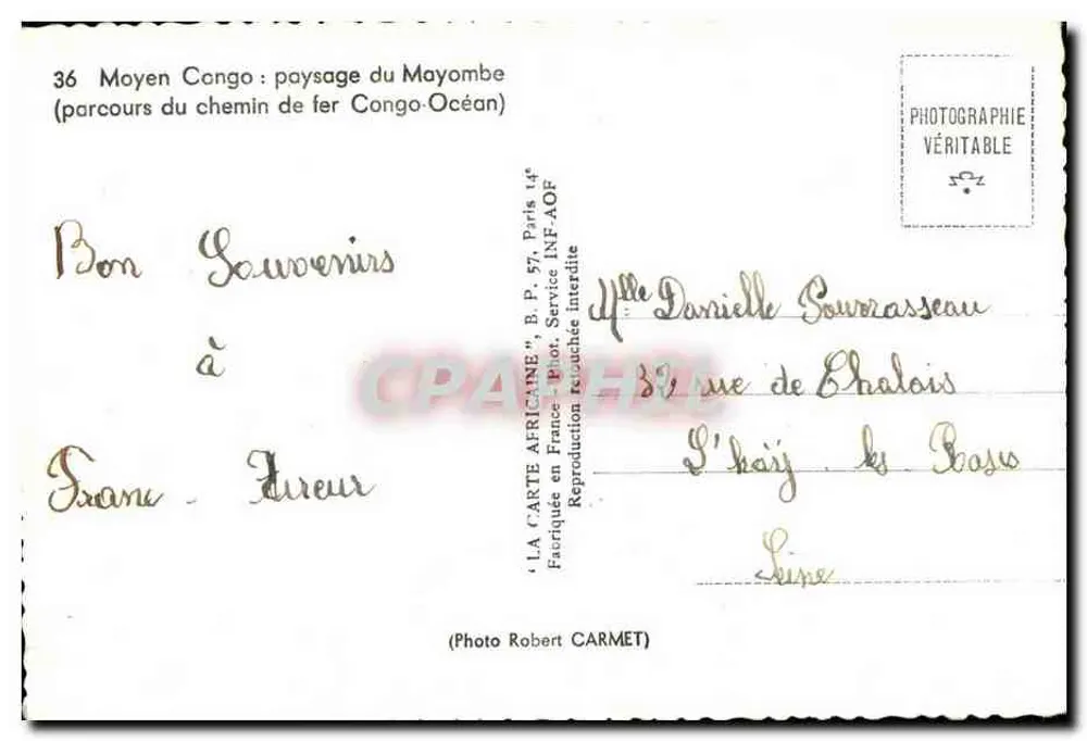 Landschaft von Mayombe — Strecke der Eisenbahn Congo-Océan — Verlag LA CARTE AFRICAINE, n°36 - Rückseite