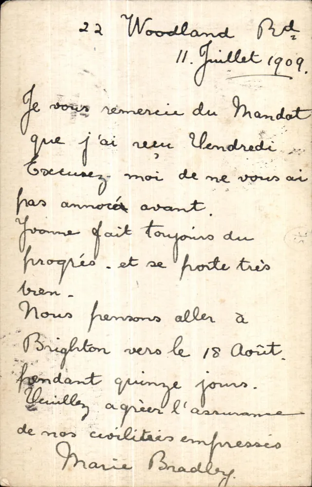 22 Woodland Rd — 11. Juli 1909 — Marie Bradley - Vorderseite