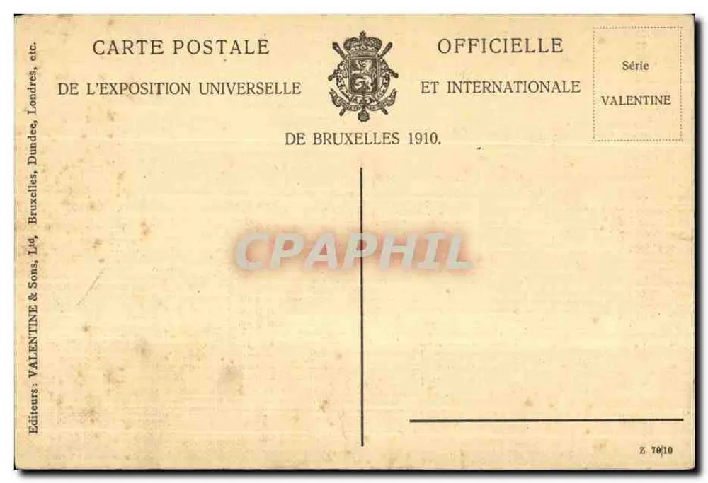 Exposition von Brüssel 1910 — Britische Abteilung — Verlag Valentine & Sons, Serie Valentin - Rückseite