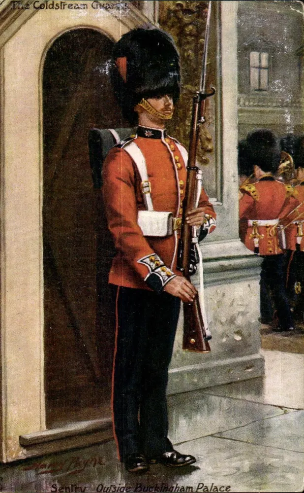 Sentinela dos Coldstream Guards — Fora do Palácio de Buckingham — Tuck & Sons, Número 9903 - Frente
