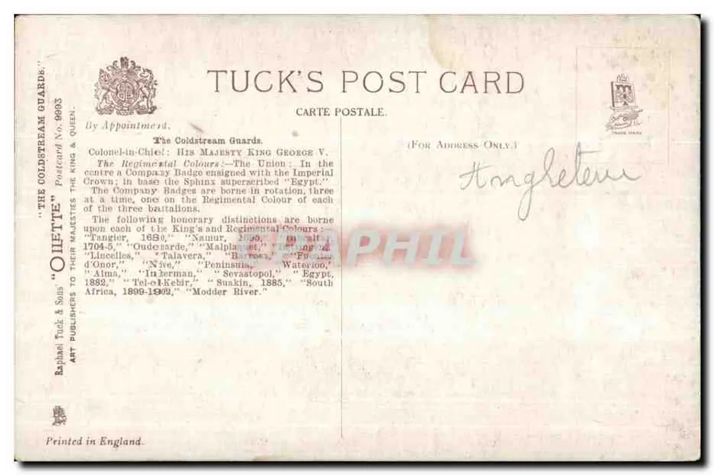 Sentinela dos Coldstream Guards — Fora do Palácio de Buckingham — Tuck & Sons, Número 9903 - Verso