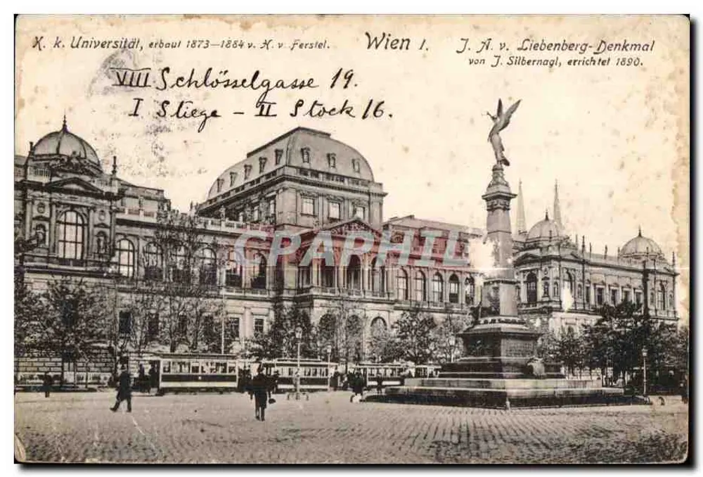 Université impériale à Vienne — bâtiment de l'Université impériale construit 1873-1884 par H. v. Ferstel, avec le monument de J. v. Liebenberg érigé en 1890, éditeur K. Lebermann, Wien, n° 8214 - Frente