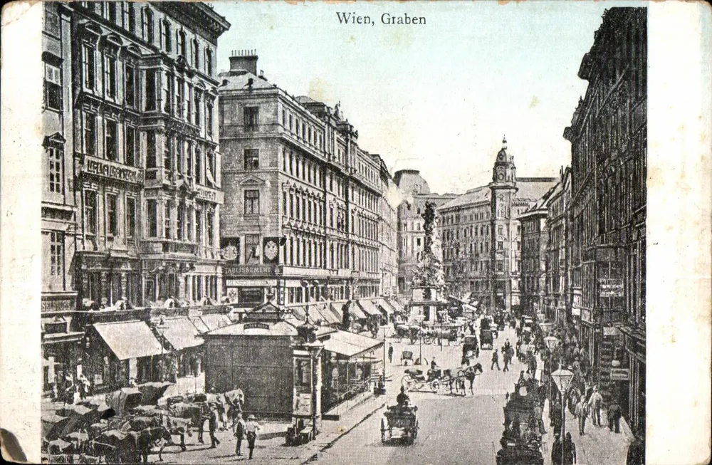 Viena, Graben — vista animada da rua com fonte e edifícios — Verlag A. Böhrn, Viena I. - Frente