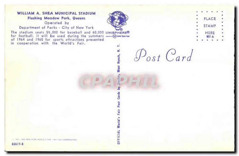 William A. Shea Municipal Stadium — Flushing Meadow Park, Queens — Verlag Unisphere, Serie WF-6 - Rückseite