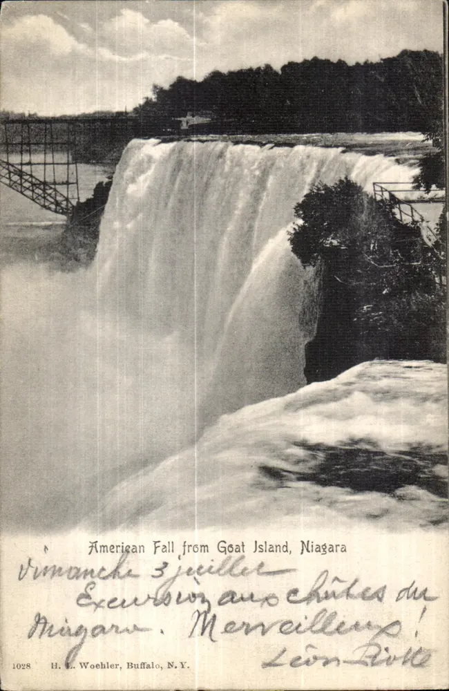 Niagara Waterfalls — Uitzicht op de American Fall vanaf de eilandje de Geit — H. L. Woehler, Buffalo, N.Y., n° 1028 - Voorkant