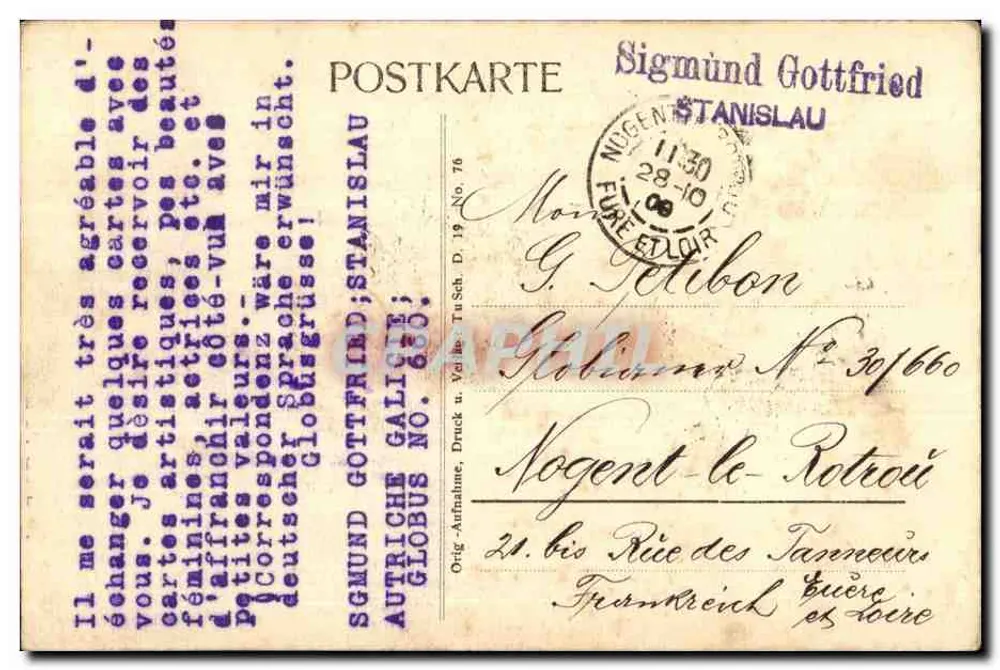 Ansicht der Stadt Nogent-sur-Aube — Verlag Autrichische Globus, Nr. 76 - Rückseite
