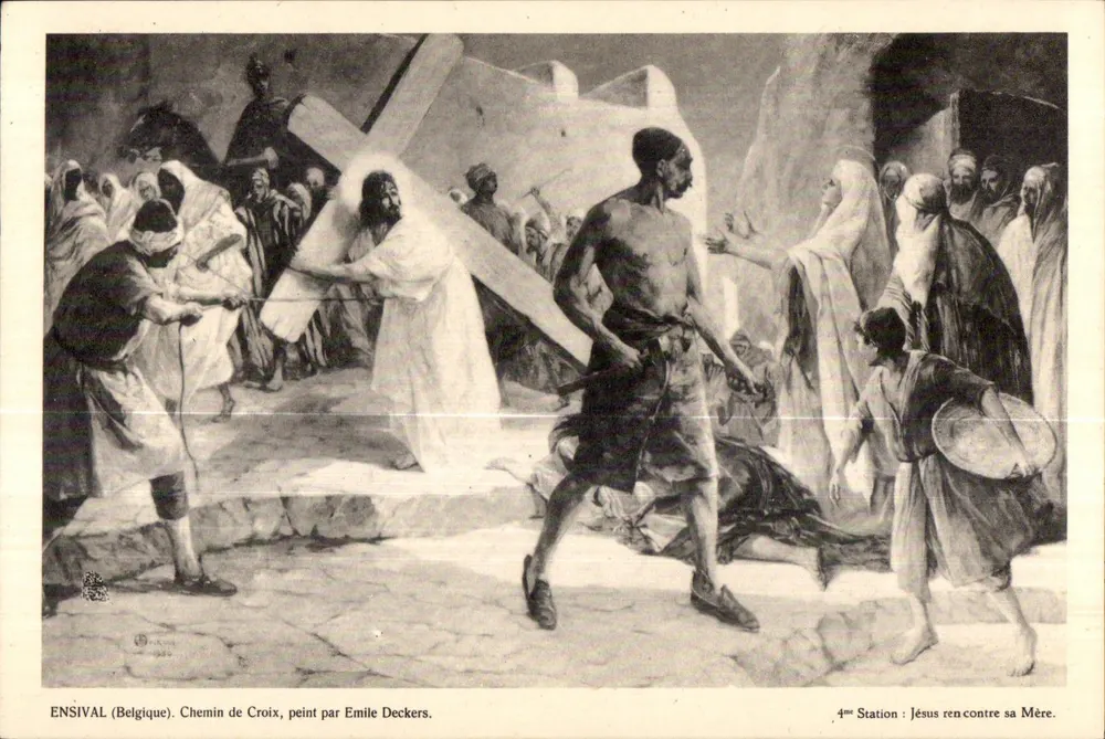 Chemin de Croix — 4. Station: Jesus trifft seine Mutter — gemalt von Émile Deckers, Énsival (Belgien) - Vorderseite