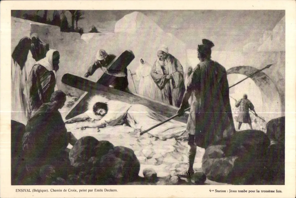 Via Dolorosa — 9. Station: Jesus fällt zum dritten Mal — gemalt von Emile Deckers, Verlag Datin Cépelle, Liège - Vorderseite