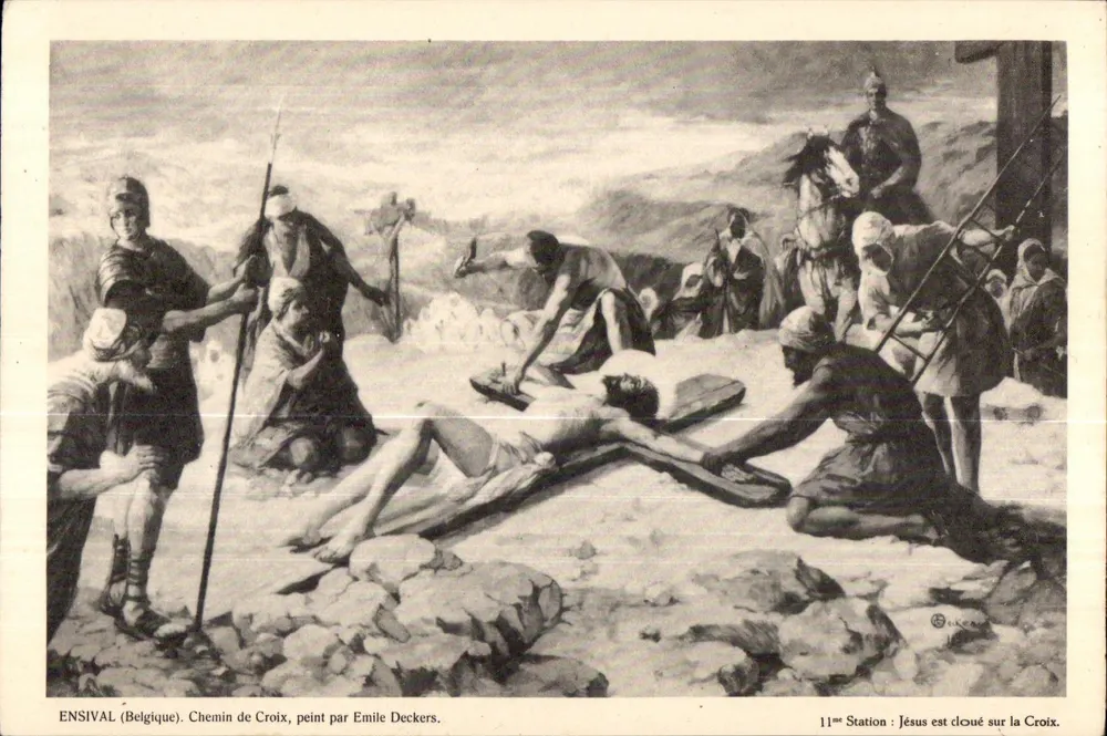 11. Station: Jesus wird an die Kreuz gefesselt — Stations des Leidens, gemalt von Emile Deckers — ENSIVAL (Belgien) - Vorderseite