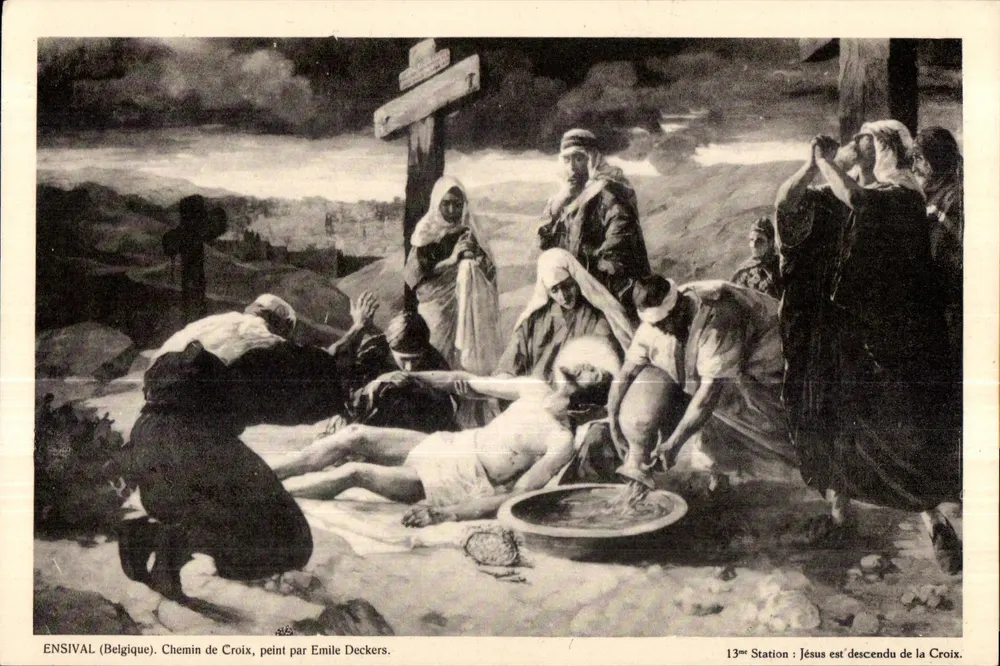 Ensisval (Belgien) — 13. Station: Jesus wird von der Kreuzes genommen — gemalt von Émile Deckers - Vorderseite