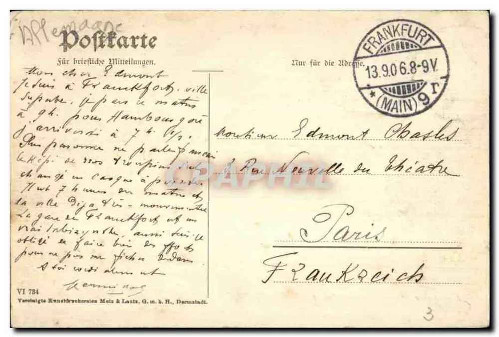 Frankfurt a. M. — Bahnhofplatz — VI 784, editor Vosseligte Kunstdruckerei Meis & Lauts, Darmstadt - Verso