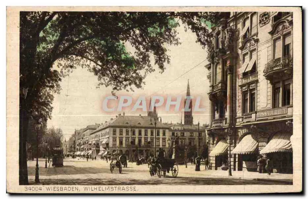 Wiesbaden, Wilhelmstraße — vista de rua com árvores e edifícios — editor Kupferstichdruck-Verlag von Karl Rud. Byremer & Co. - Frente