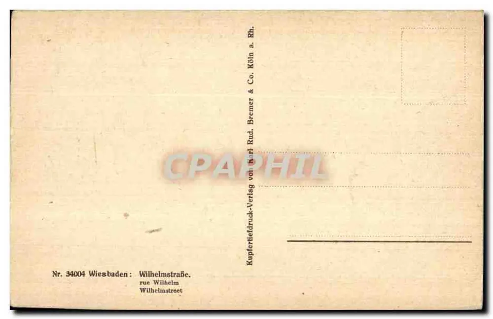 Wiesbaden, Wilhelmstraße — vista de rua com árvores e edifícios — editor Kupferstichdruck-Verlag von Karl Rud. Byremer & Co. - Verso